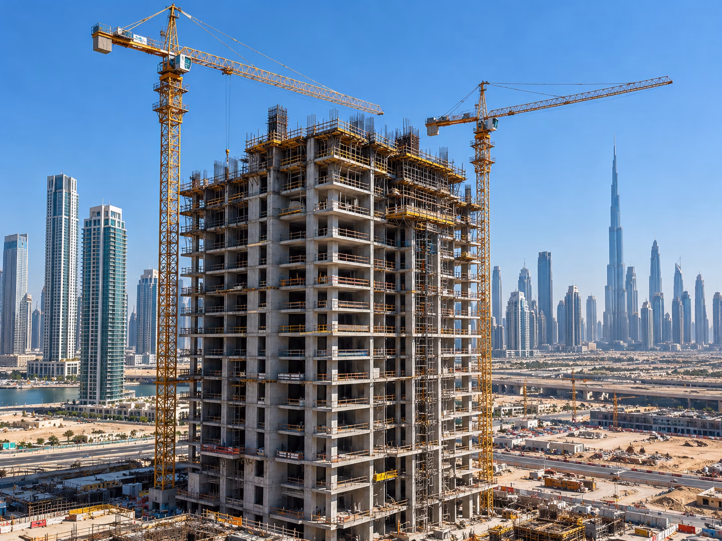 Dubai off-plan property development under construction with tower cranes