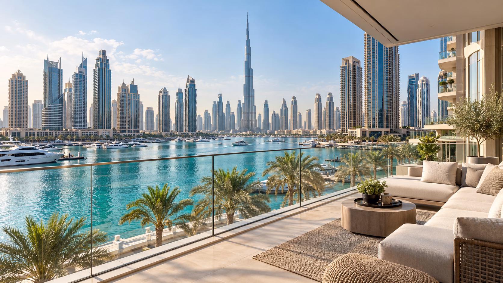 Dubai waterfront apartment terrace with marina and skyline views