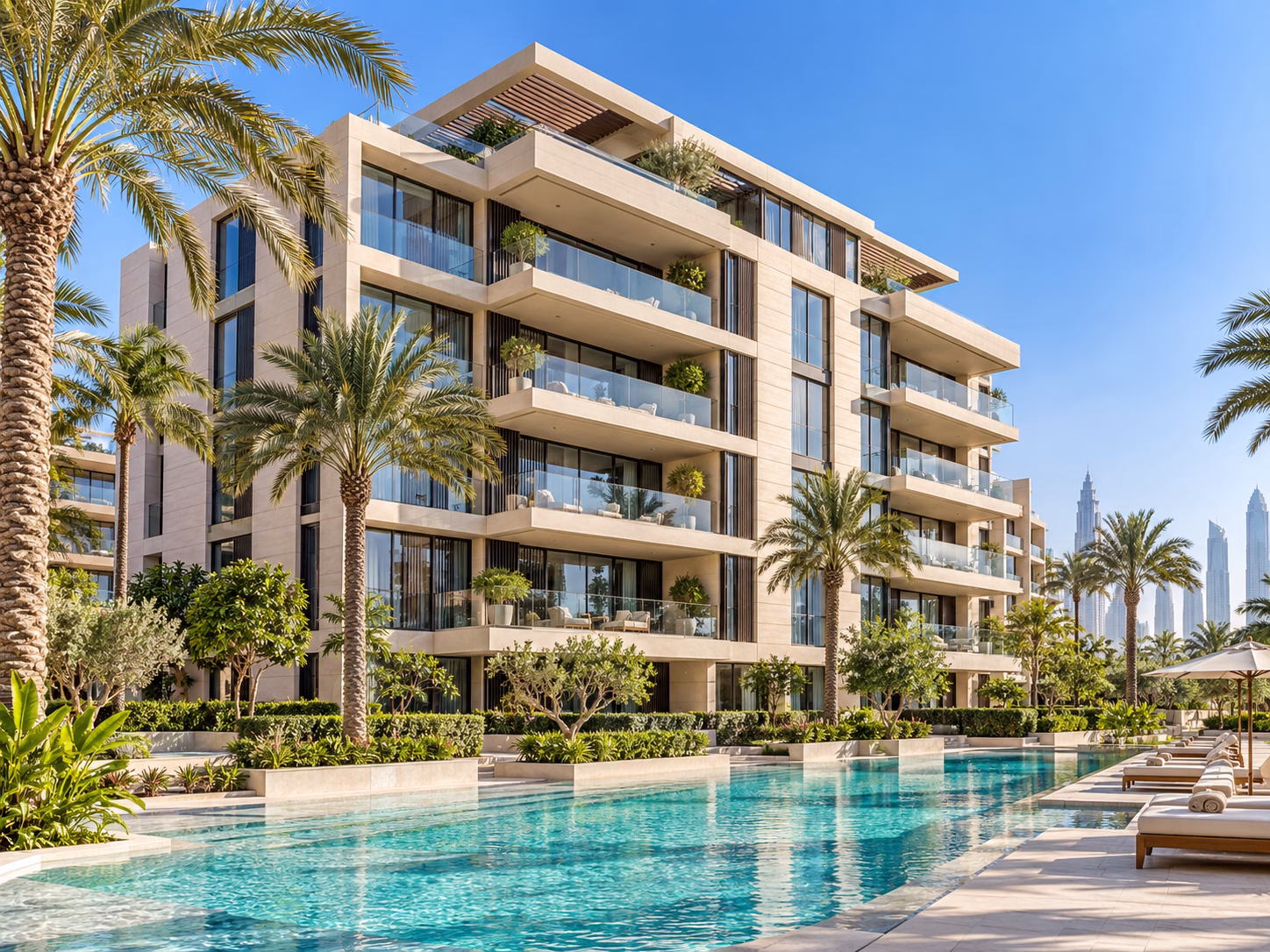 Dubai apartment development with shared landscaped grounds and swimming pool
