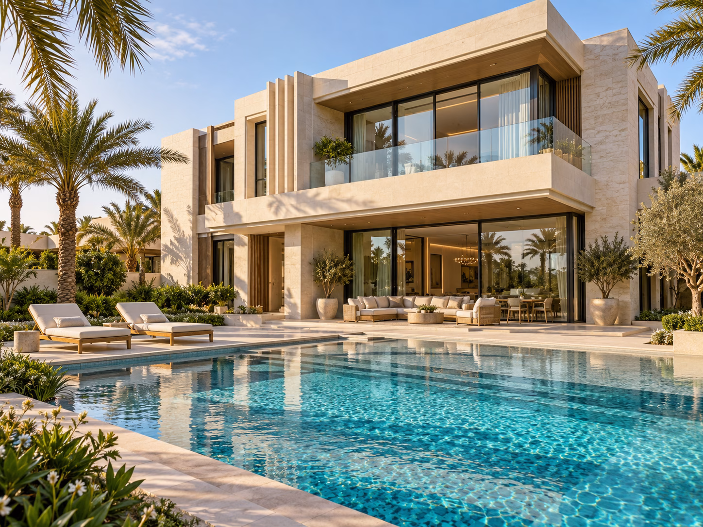 Dubai villa with a private swimming pool and landscaped palm garden